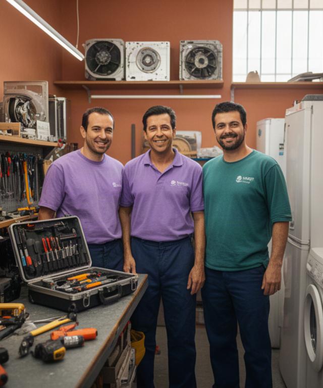 Equipo técnico de reparación junto a sus herramientas en un local de servicio de Andalucía